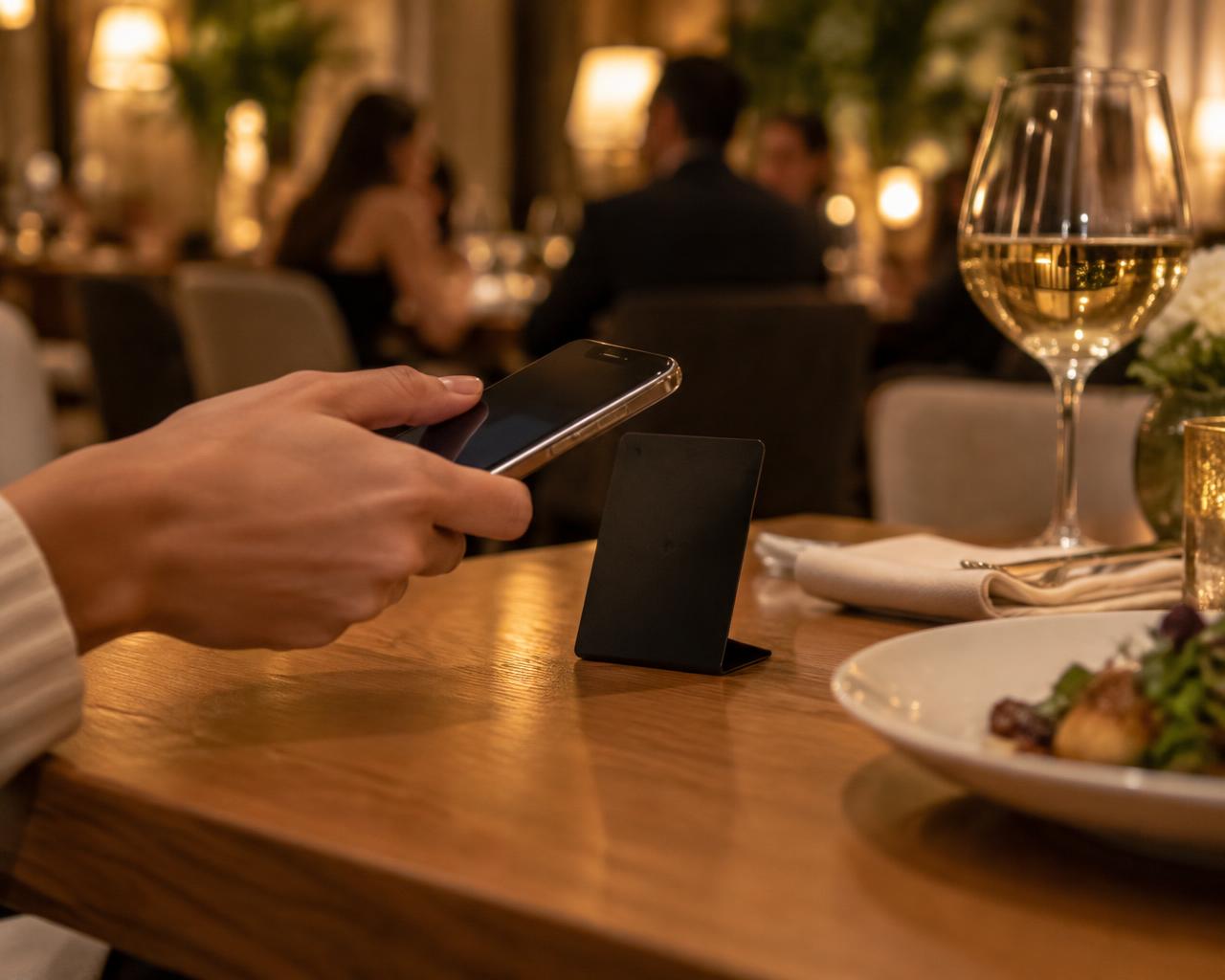 Cliente acercando su móvil a una tarjeta NFC en la mesa de un restaurante